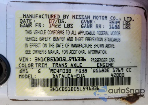 2005 Nissan Sentra 1.8 z USA, uszkodzony, nr VIN 3N1CB51D05L591336